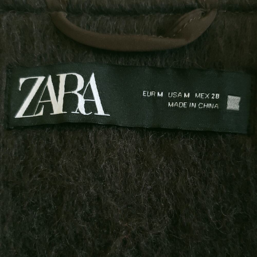 ZARA Fringed Plaid Poncho checked fringe boho open front sweater dark camel Sz M - Picture 7 of 9